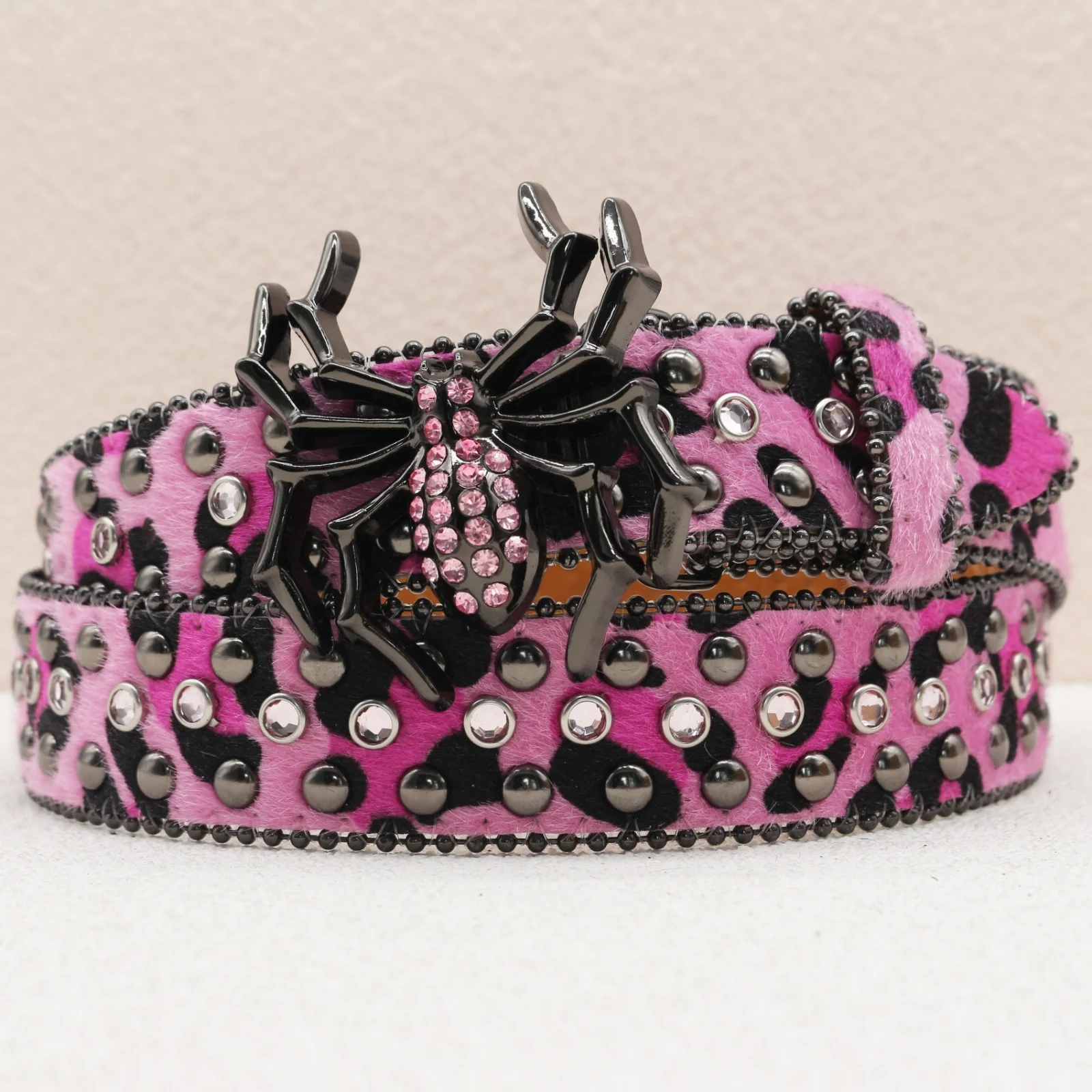New Leopard Print Spider Rhinestone Belt, European and American Y2K Hip-Hop Style Jeans Rivet Belt, Big Spider Buckle Belt
