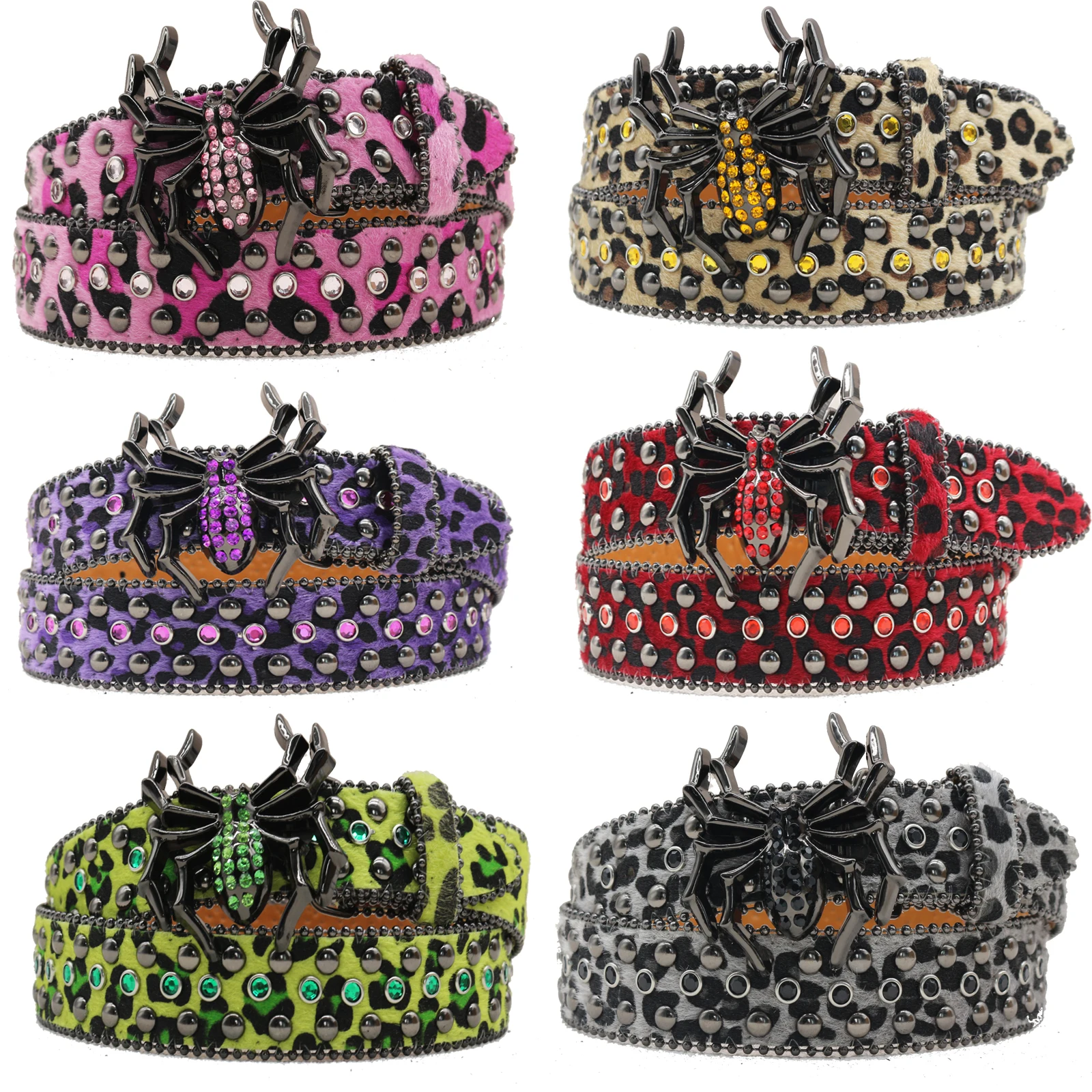 New Leopard Print Spider Rhinestone Belt, European and American Y2K Hip-Hop Style Jeans Rivet Belt, Big Spider Buckle Belt