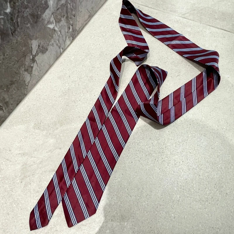 Women's Retro Wine Red Striped Necktie Hand-tied Scarf Neck Accessory Paired Stylish Distinctive Jeans Belt Layering Accessory