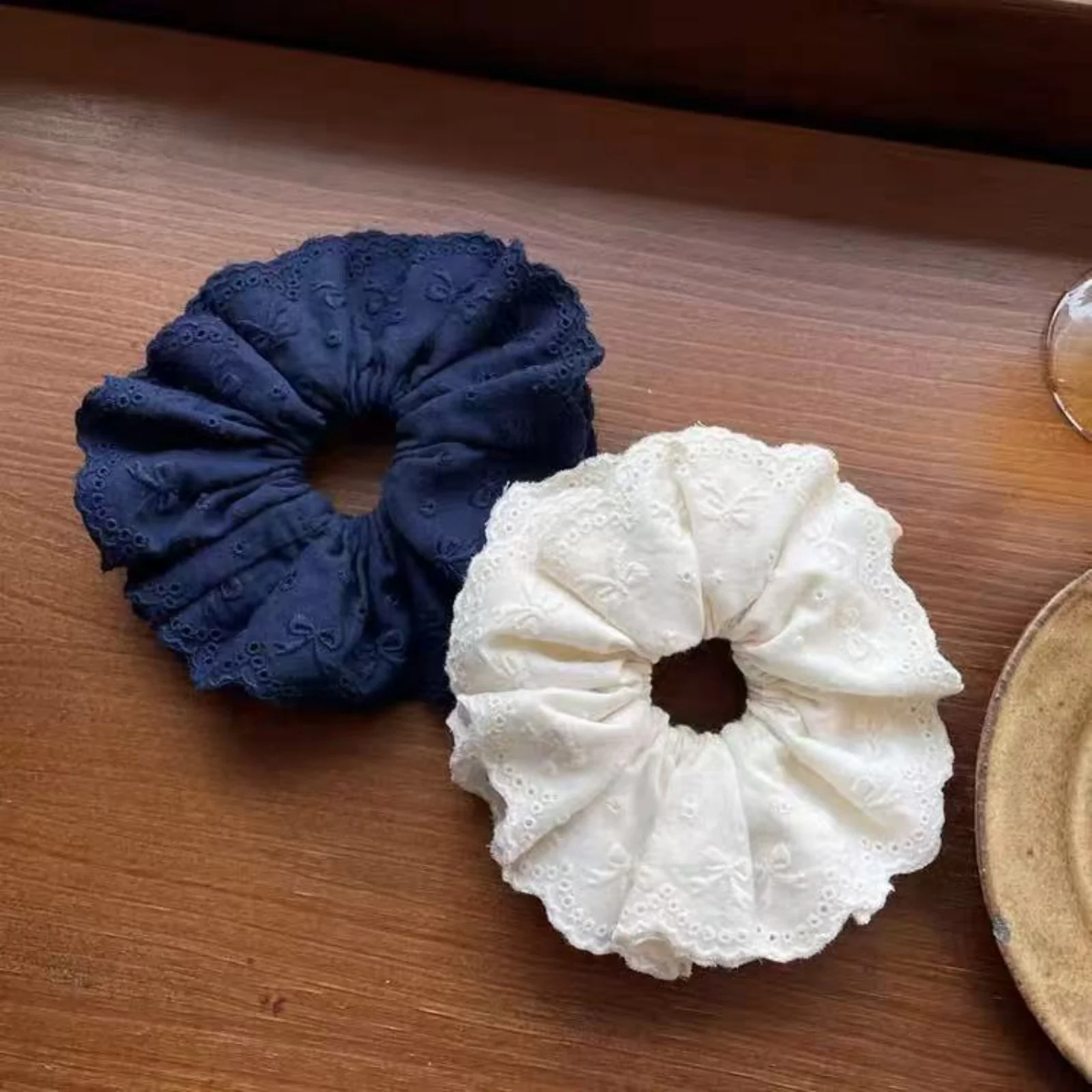 1PC Korean Niche Ballet - Style Navy Blue Bow Cotton Embroidered Chunky Hair Scrunchie, High - End Retro Hair Accessory Hair Tie