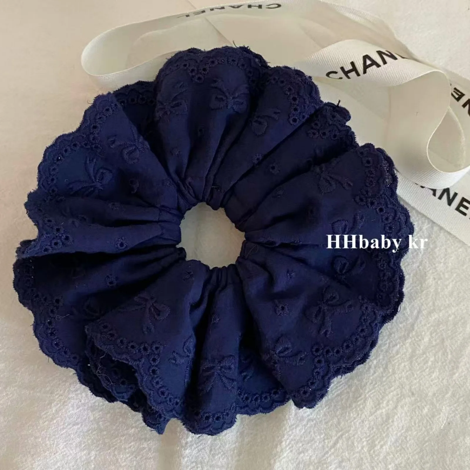 1PC Korean Niche Ballet - Style Navy Blue Bow Cotton Embroidered Chunky Hair Scrunchie, High - End Retro Hair Accessory Hair Tie