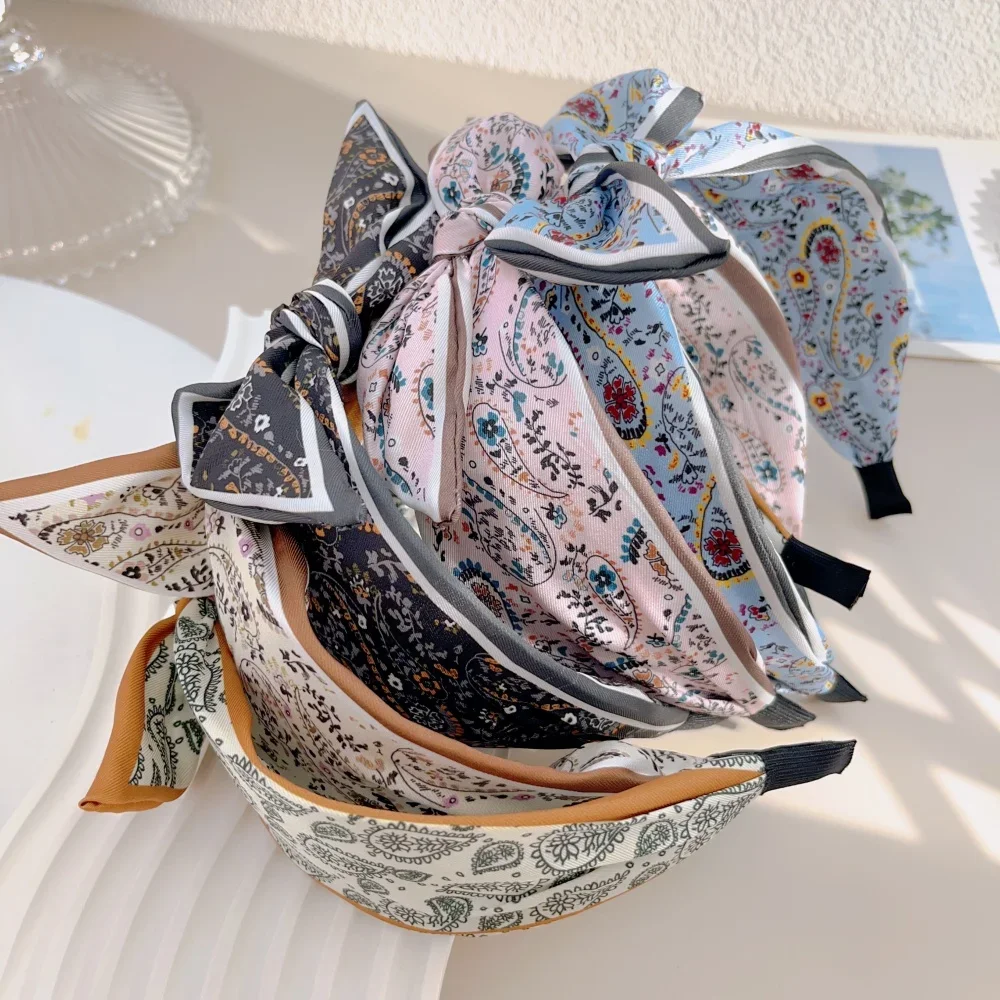 Retro Bohemian Bandanna Bow Rabbit Ear Headband for Women Floral Paisley Wide Hoop Turban Hair Band Hair Styling Accessories