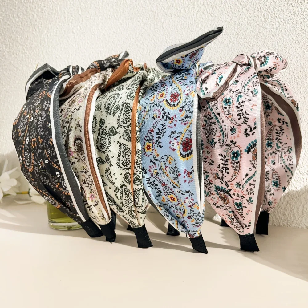 Retro Bohemian Bandanna Bow Rabbit Ear Headband for Women Floral Paisley Wide Hoop Turban Hair Band Hair Styling Accessories