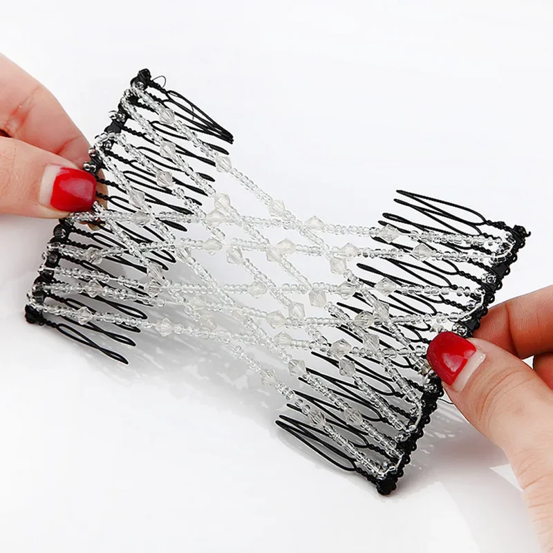 Elastic Hair Comb Womens Bead Stretchy Women Hair Combs Professional Double Magic Slide Metal Comb Hair Clip Hairpin