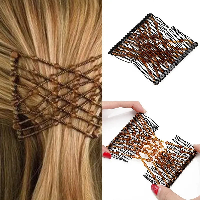 Elastic Hair Comb Womens Bead Stretchy Women Hair Combs Professional Double Magic Slide Metal Comb Hair Clip Hairpin