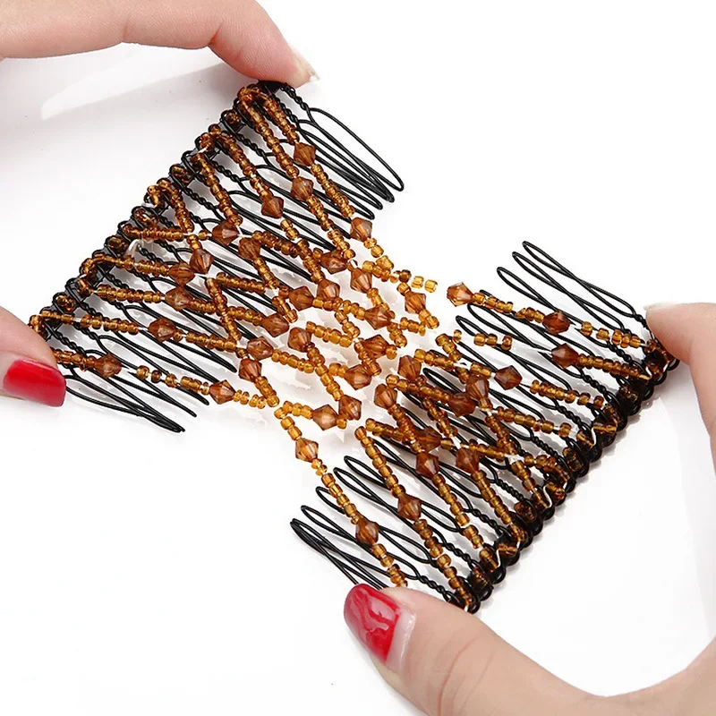 Elastic Hair Comb Womens Bead Stretchy Women Hair Combs Professional Double Magic Slide Metal Comb Hair Clip Hairpin