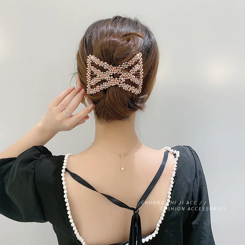 Elastic Hair Comb Womens Bead Stretchy Women Hair Combs Professional Double Magic Slide Metal Comb Hair Clip Hairpin