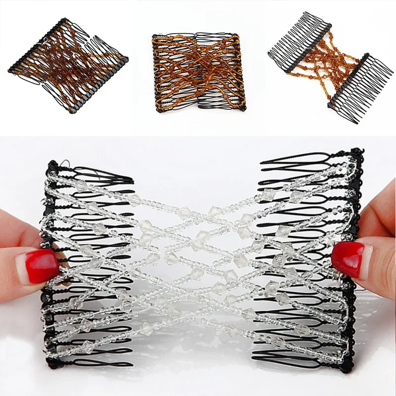 Elastic Hair Comb Womens Bead Stretchy Women Hair Combs Professional Double Magic Slide Metal Comb Hair Clip Hairpin