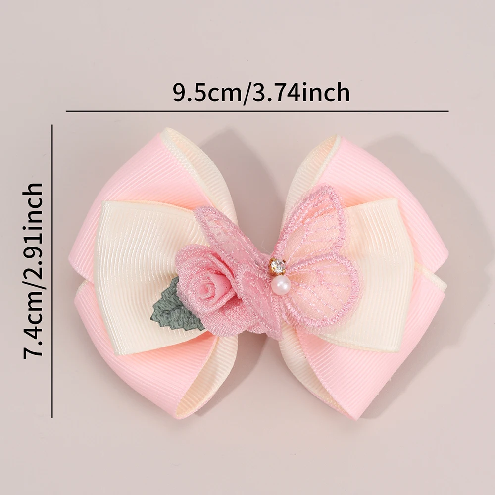 2Pcs Floral Bow Hair Clips 3D Flower Butterfly Hairpins Elegant Ribbon Bownot Barrette For Girls Children Headwear Accesories
