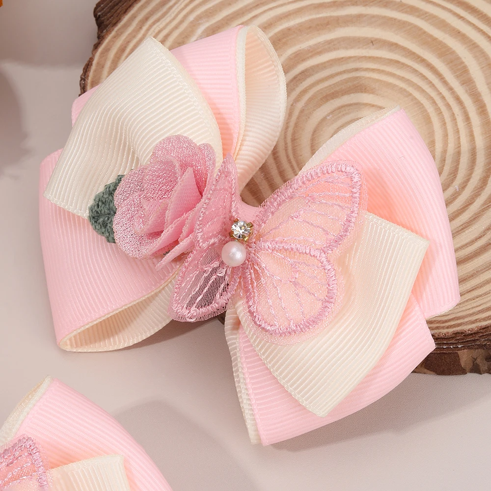 2Pcs Floral Bow Hair Clips 3D Flower Butterfly Hairpins Elegant Ribbon Bownot Barrette For Girls Children Headwear Accesories