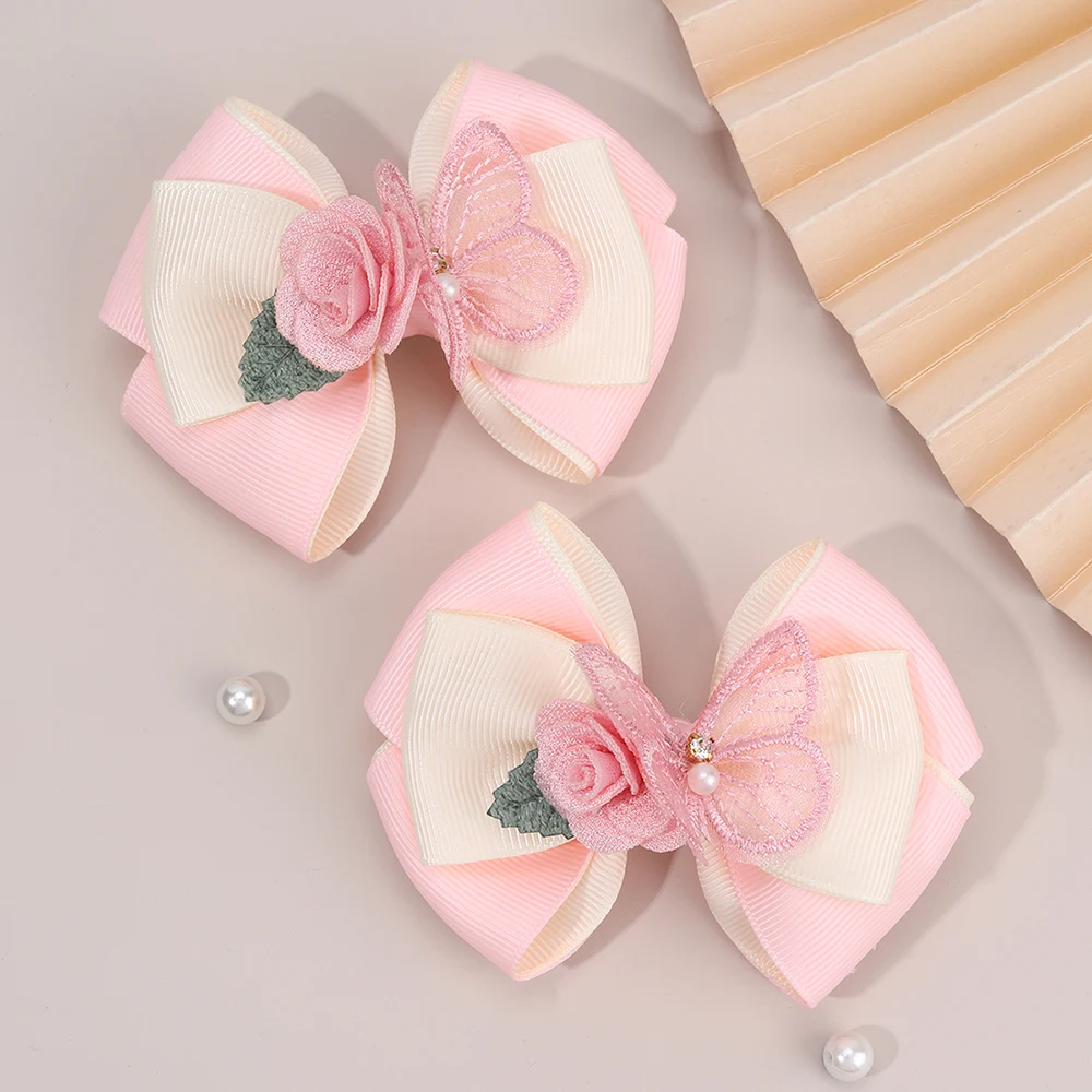 2Pcs Floral Bow Hair Clips 3D Flower Butterfly Hairpins Elegant Ribbon Bownot Barrette For Girls Children Headwear Accesories