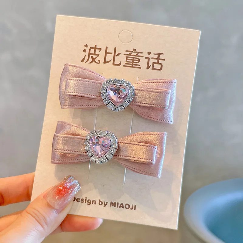 Kawaii Hair Set Children Ribbon Bow Decor 2 Pcs Champagne Pink Korean for School Stylish Gift