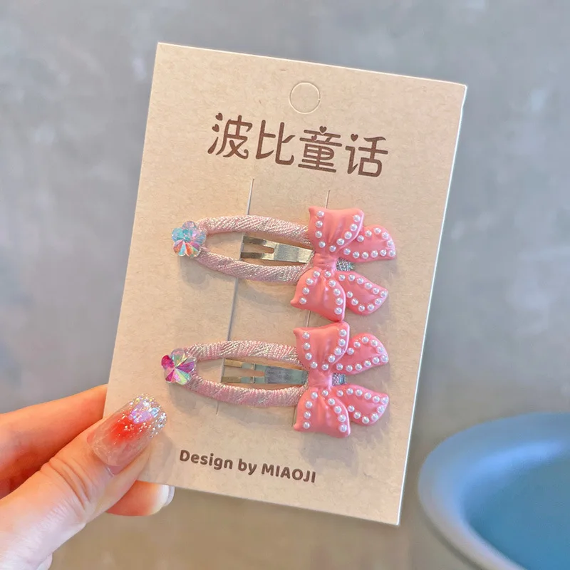 Kawaii Hair Set Children Ribbon Bow Decor 2 Pcs Champagne Pink Korean for School Stylish Gift