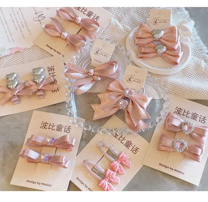 Kawaii Hair Set Children Ribbon Bow Decor 2 Pcs Champagne Pink Korean for School Stylish Gift