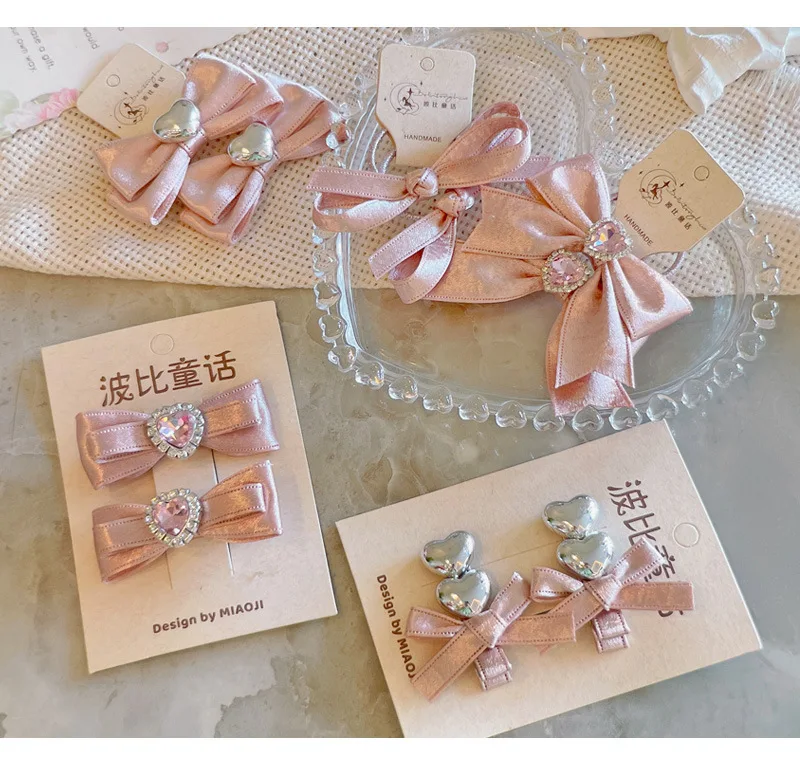 Kawaii Hair Set Children Ribbon Bow Decor 2 Pcs Champagne Pink Korean for School Stylish Gift
