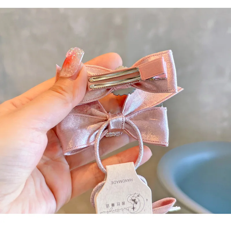 Kawaii Hair Set Children Ribbon Bow Decor 2 Pcs Champagne Pink Korean for School Stylish Gift