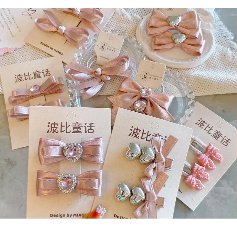Kawaii Hair Set Children Ribbon Bow Decor 2 Pcs Champagne Pink Korean for School Stylish Gift