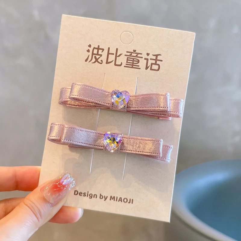 Kawaii Hair Set Children Ribbon Bow Decor 2 Pcs Champagne Pink Korean for School Stylish Gift