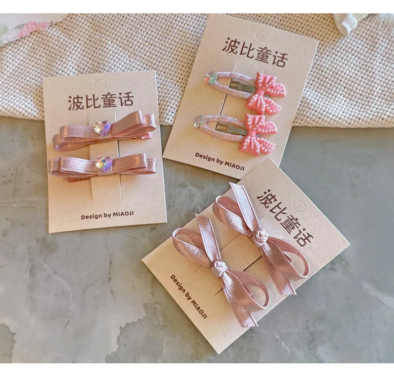 Kawaii Hair Set Children Ribbon Bow Decor 2 Pcs Champagne Pink Korean for School Stylish Gift