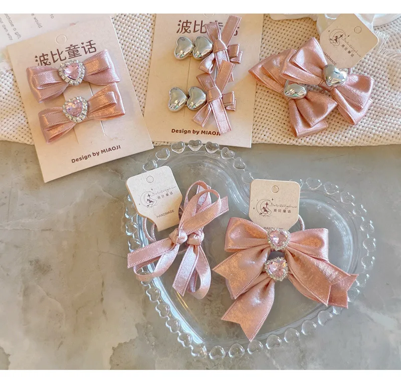 Kawaii Hair Set Children Ribbon Bow Decor 2 Pcs Champagne Pink Korean for School Stylish Gift