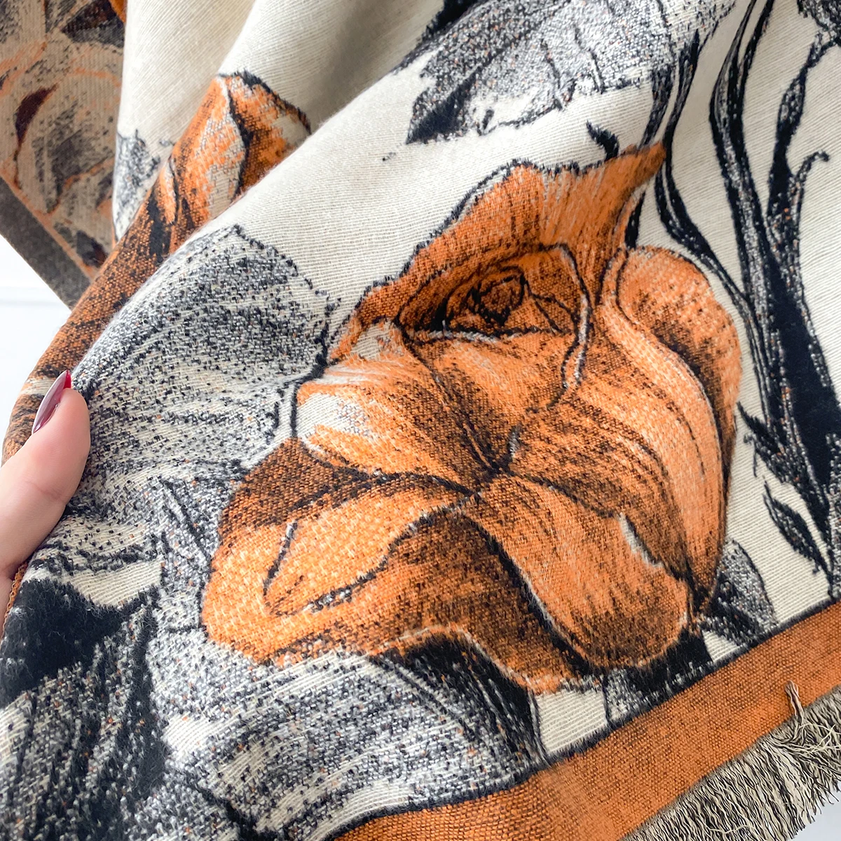 Women's Winter Rose Print Pashmina Shawl Cashmere Feel Large Warm Ideal for Outdoor with Tassels Blanket Poncho