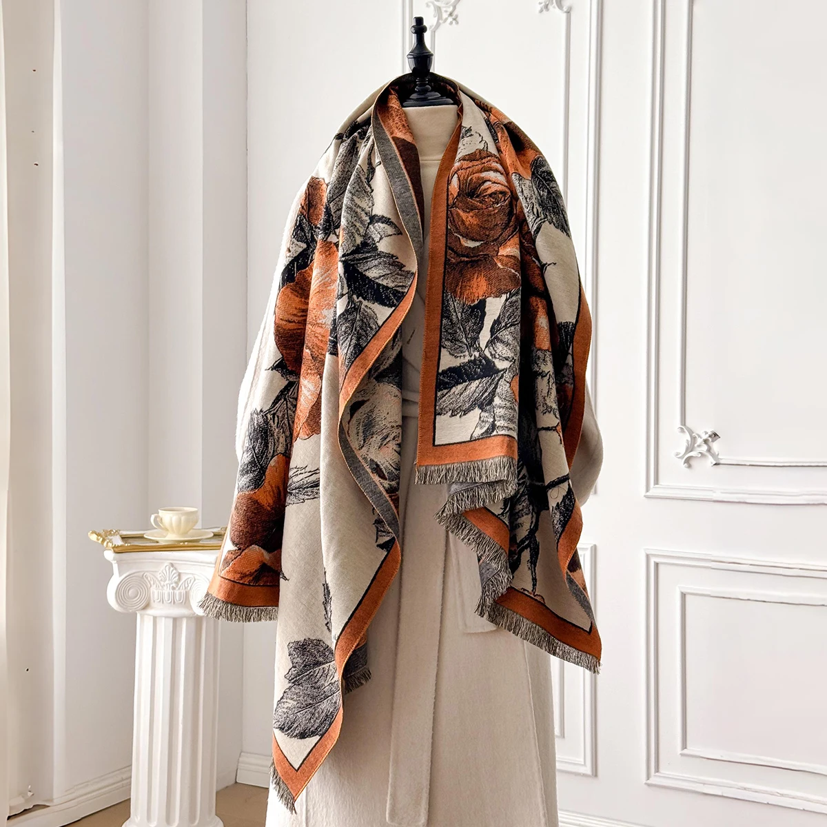 Women's Winter Rose Print Pashmina Shawl Cashmere Feel Large Warm Ideal for Outdoor with Tassels Blanket Poncho