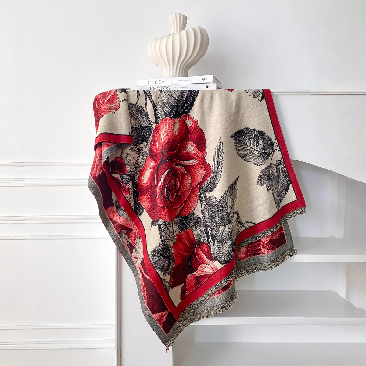 Women's Winter Rose Print Pashmina Shawl Cashmere Feel Large Warm Ideal for Outdoor with Tassels Blanket Poncho