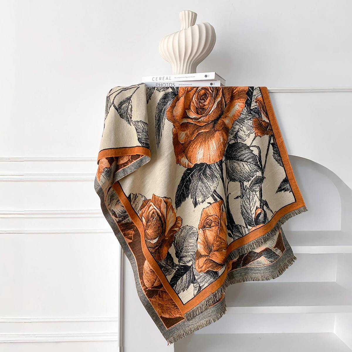Women's Winter Rose Print Pashmina Shawl Cashmere Feel Large Warm Ideal for Outdoor with Tassels Blanket Poncho