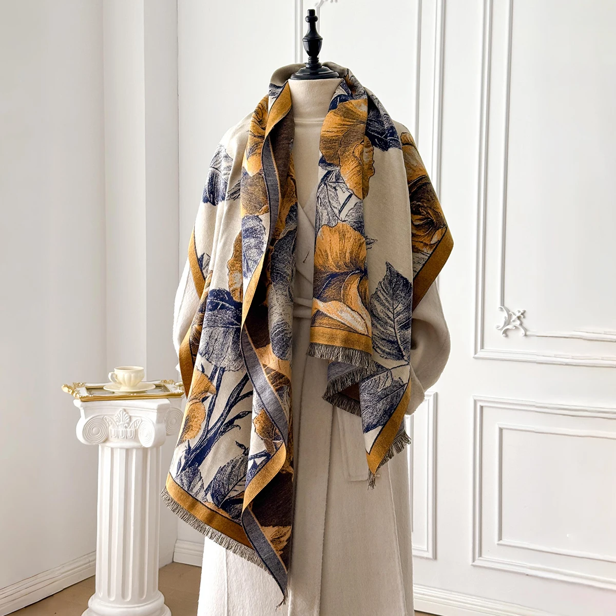 Women's Winter Rose Print Pashmina Shawl Cashmere Feel Large Warm Ideal for Outdoor with Tassels Blanket Poncho