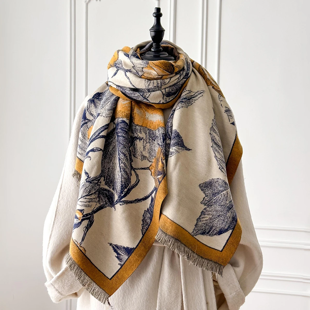 Women's Winter Rose Print Pashmina Shawl Cashmere Feel Large Warm Ideal for Outdoor with Tassels Blanket Poncho