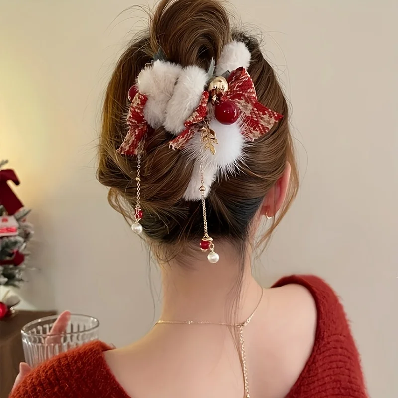 1/2pcs Elegant Christmas Plush Bow Tassel Hair Claw Clips for Women-Holidays, Christmas Day, Thanksgiving Gifts