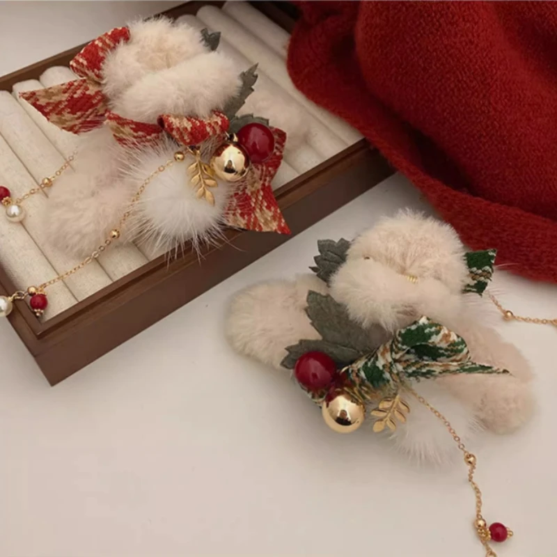 1/2pcs Elegant Christmas Plush Bow Tassel Hair Claw Clips for Women-Holidays, Christmas Day, Thanksgiving Gifts