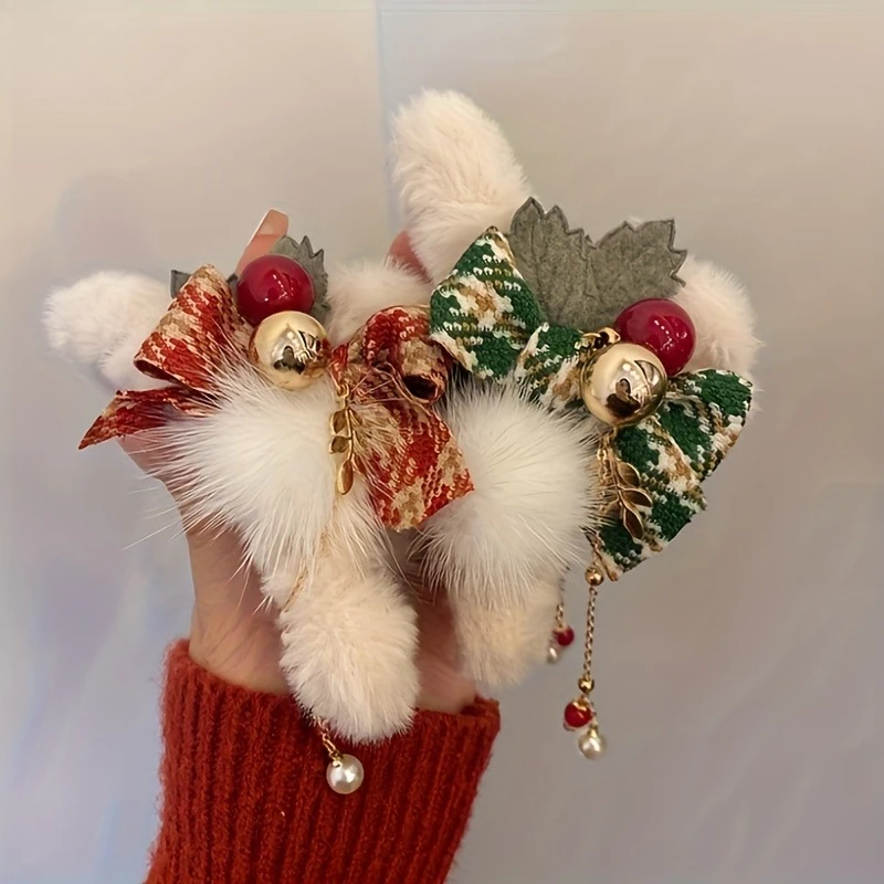 1/2pcs Elegant Christmas Plush Bow Tassel Hair Claw Clips for Women-Holidays, Christmas Day, Thanksgiving Gifts