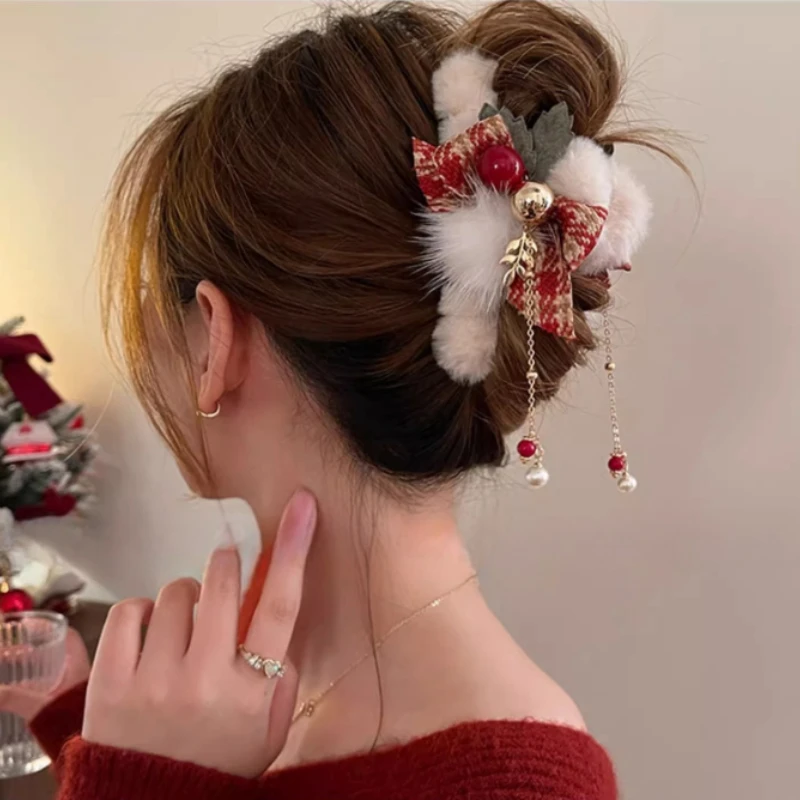 1/2pcs Elegant Christmas Plush Bow Tassel Hair Claw Clips for Women-Holidays, Christmas Day, Thanksgiving Gifts