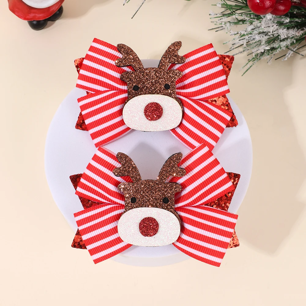 2Pcs Christmas Reindeer Bow Hair Clips Sweet Cute Stripe Bownot Hairpins For Girls Children Xmas Headwear Hair Accessories Gift