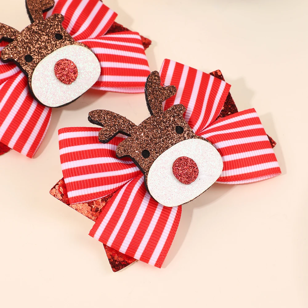 2Pcs Christmas Reindeer Bow Hair Clips Sweet Cute Stripe Bownot Hairpins For Girls Children Xmas Headwear Hair Accessories Gift