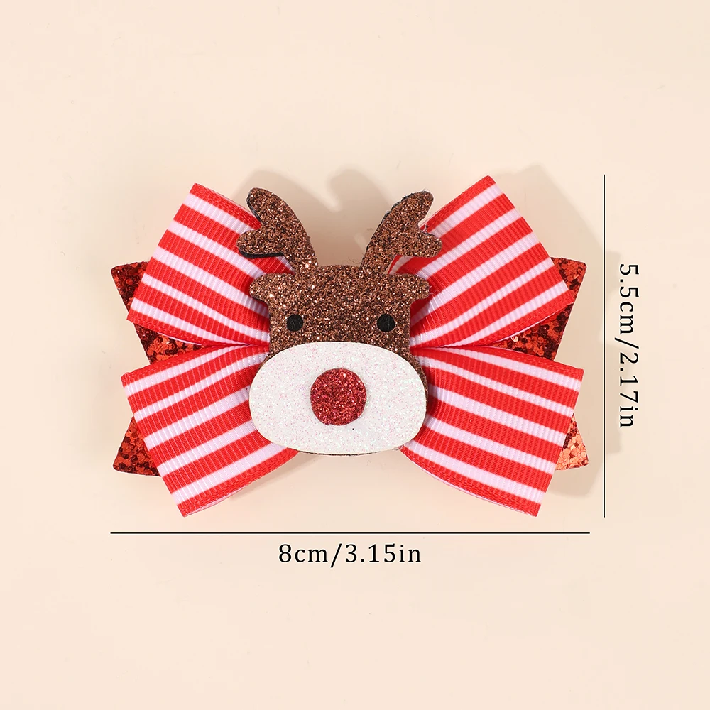 2Pcs Christmas Reindeer Bow Hair Clips Sweet Cute Stripe Bownot Hairpins For Girls Children Xmas Headwear Hair Accessories Gift