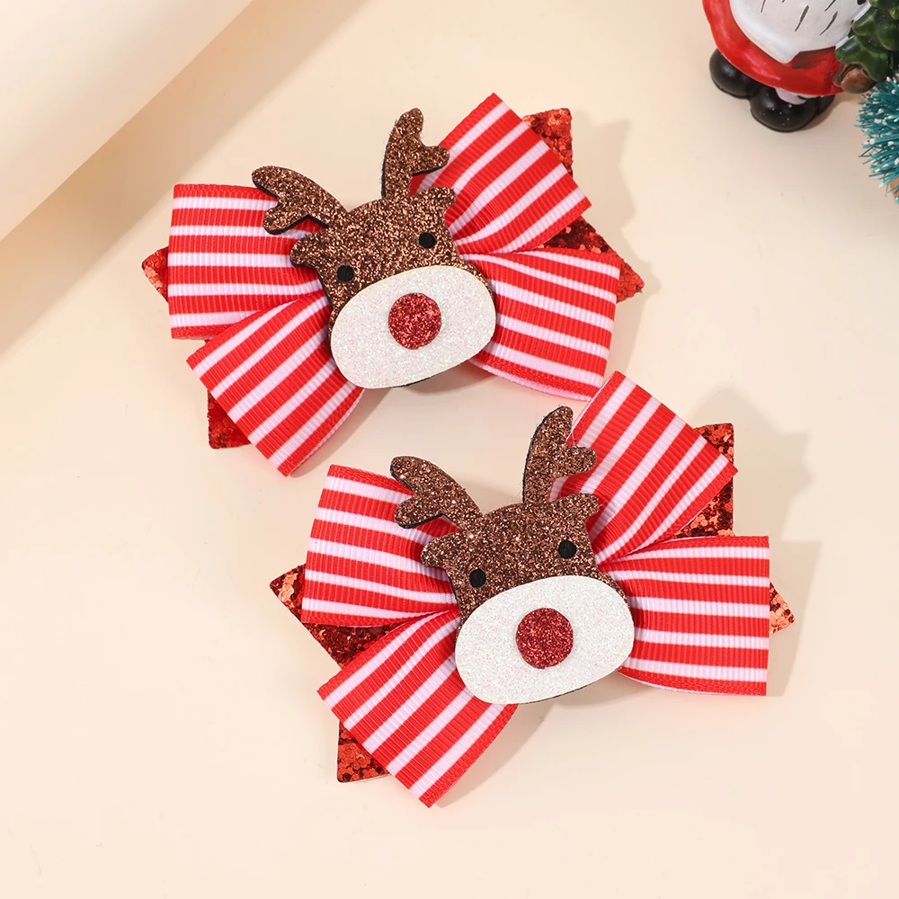2Pcs Christmas Reindeer Bow Hair Clips Sweet Cute Stripe Bownot Hairpins For Girls Children Xmas Headwear Hair Accessories Gift