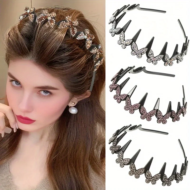 Wavy Headband Rhinestone Butterfly Headband Squiggly Headband All-Day Wear Hair Accessory Hold Flyaways for Ladies Adults Teens