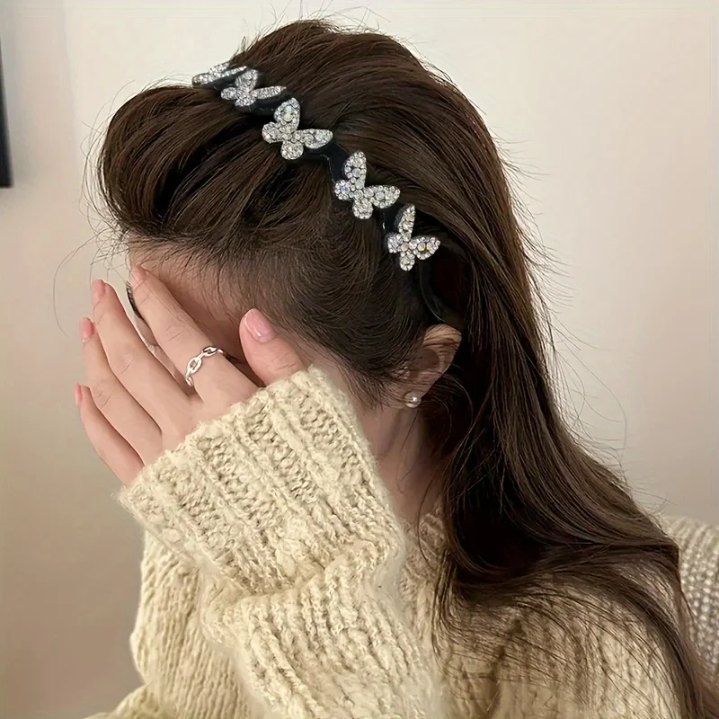 Wavy Headband Rhinestone Butterfly Headband Squiggly Headband All-Day Wear Hair Accessory Hold Flyaways for Ladies Adults Teens