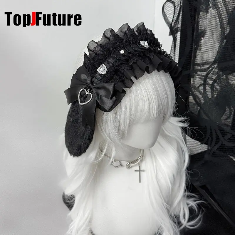 Japanese Hair Accessory Gothic Lolita Handmade Bow Rhinestone Plush Rabbit Ear Lace Headband Subculture Y2K Women's Hairband