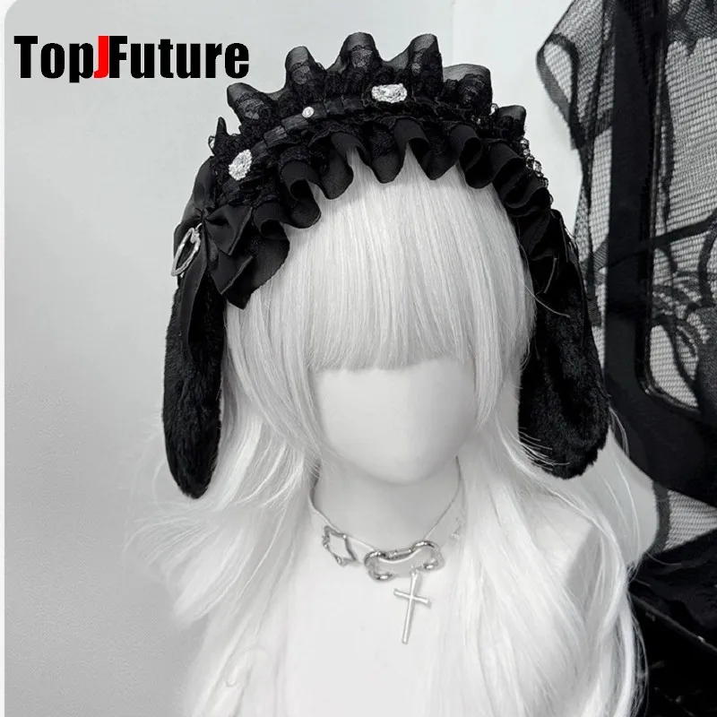 Japanese Hair Accessory Gothic Lolita Handmade Bow Rhinestone Plush Rabbit Ear Lace Headband Subculture Y2K Women's Hairband
