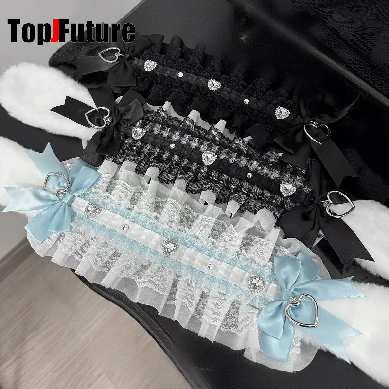 Japanese Hair Accessory Gothic Lolita Handmade Bow Rhinestone Plush Rabbit Ear Lace Headband Subculture Y2K Women's Hairband