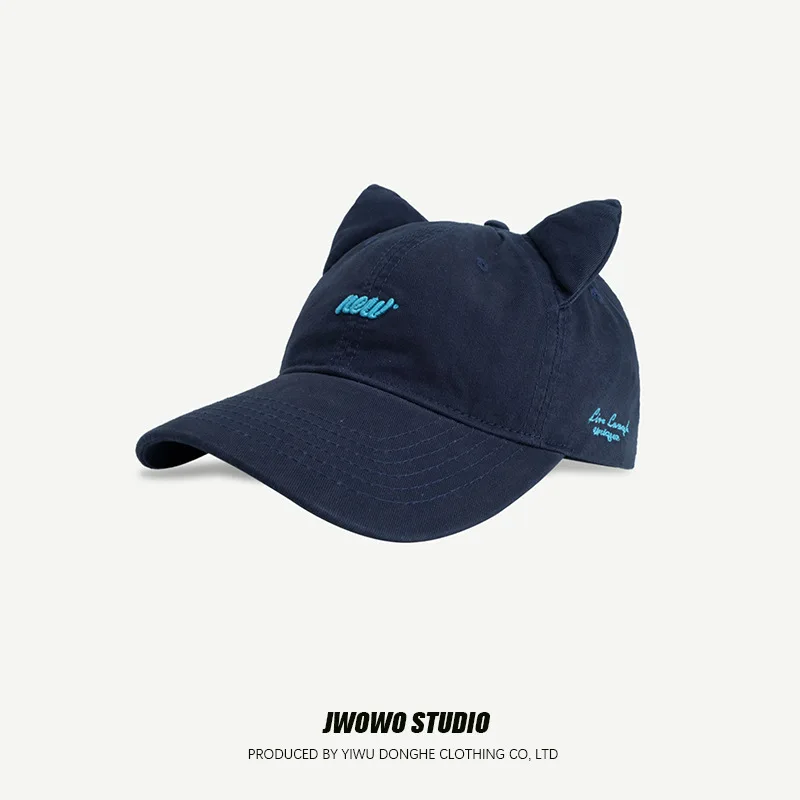 Korean Cute Cat Eared Baseball Cap Fashion Letter Embroidered Pure Cotton Wide-brimmed Sun Hat Casual Outdoor Sweet Baseball Cap