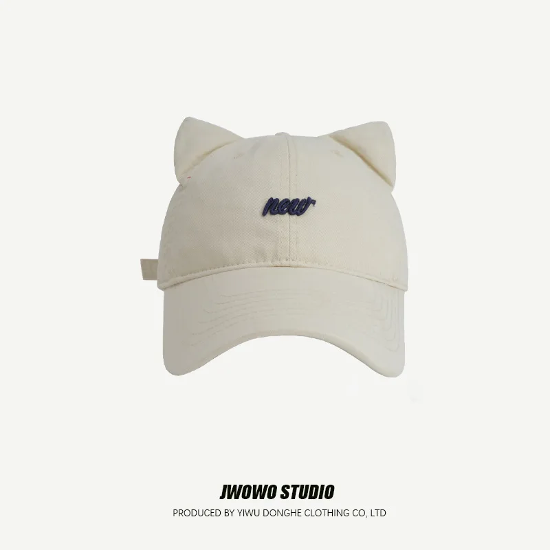 Korean Cute Cat Eared Baseball Cap Fashion Letter Embroidered Pure Cotton Wide-brimmed Sun Hat Casual Outdoor Sweet Baseball Cap