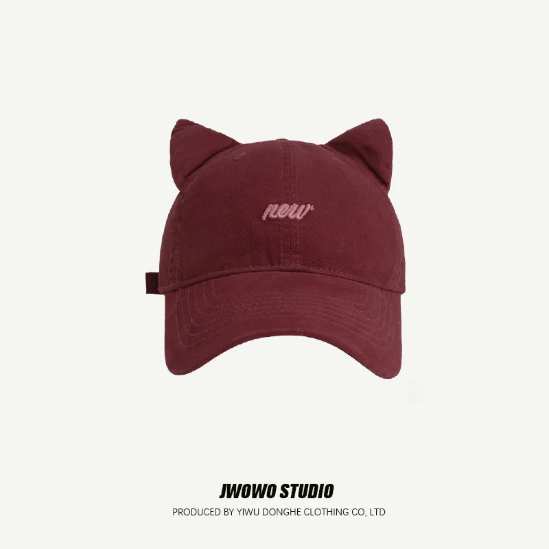 Korean Cute Cat Eared Baseball Cap Fashion Letter Embroidered Pure Cotton Wide-brimmed Sun Hat Casual Outdoor Sweet Baseball Cap