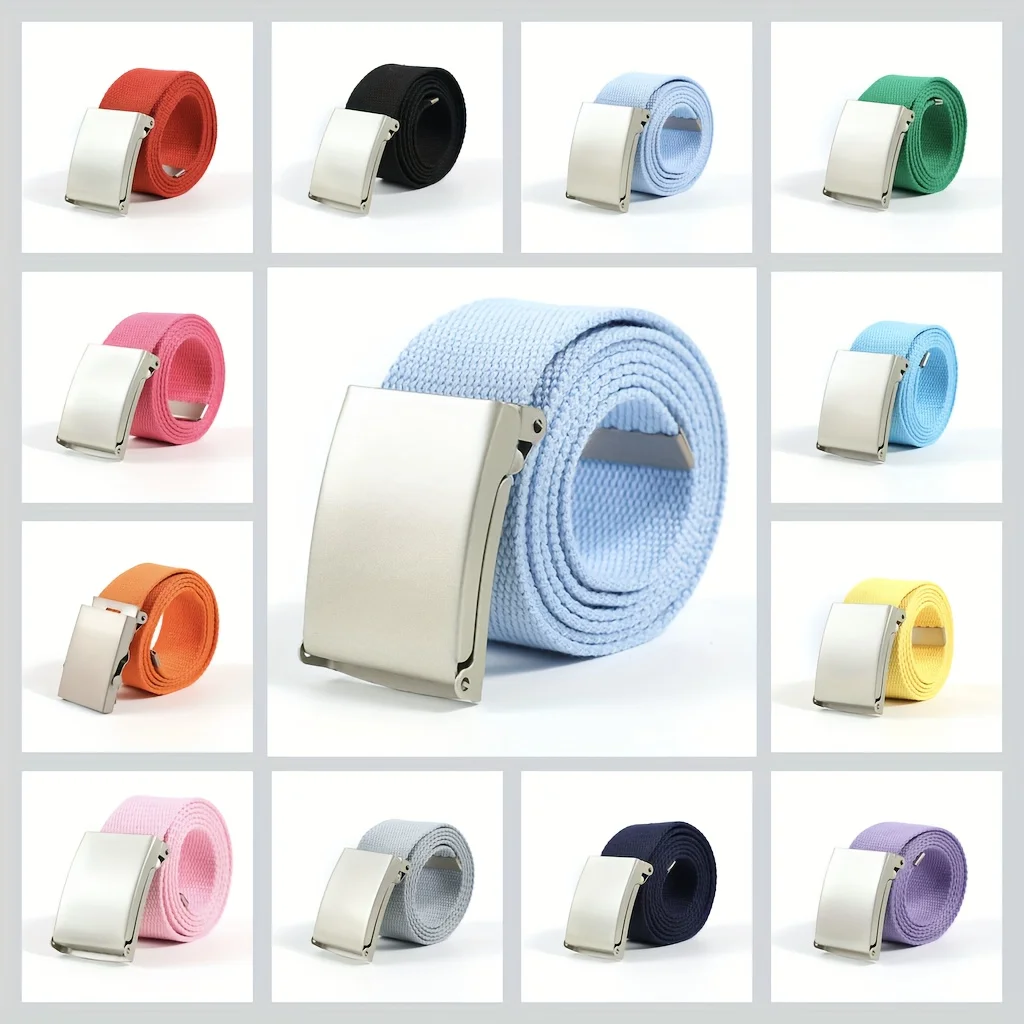 Women's Polyester-Cotton Canvas Woven Belt, Frosted Smooth Buckle Belt, Available in Multiple Colors, Candy-Colored Belt