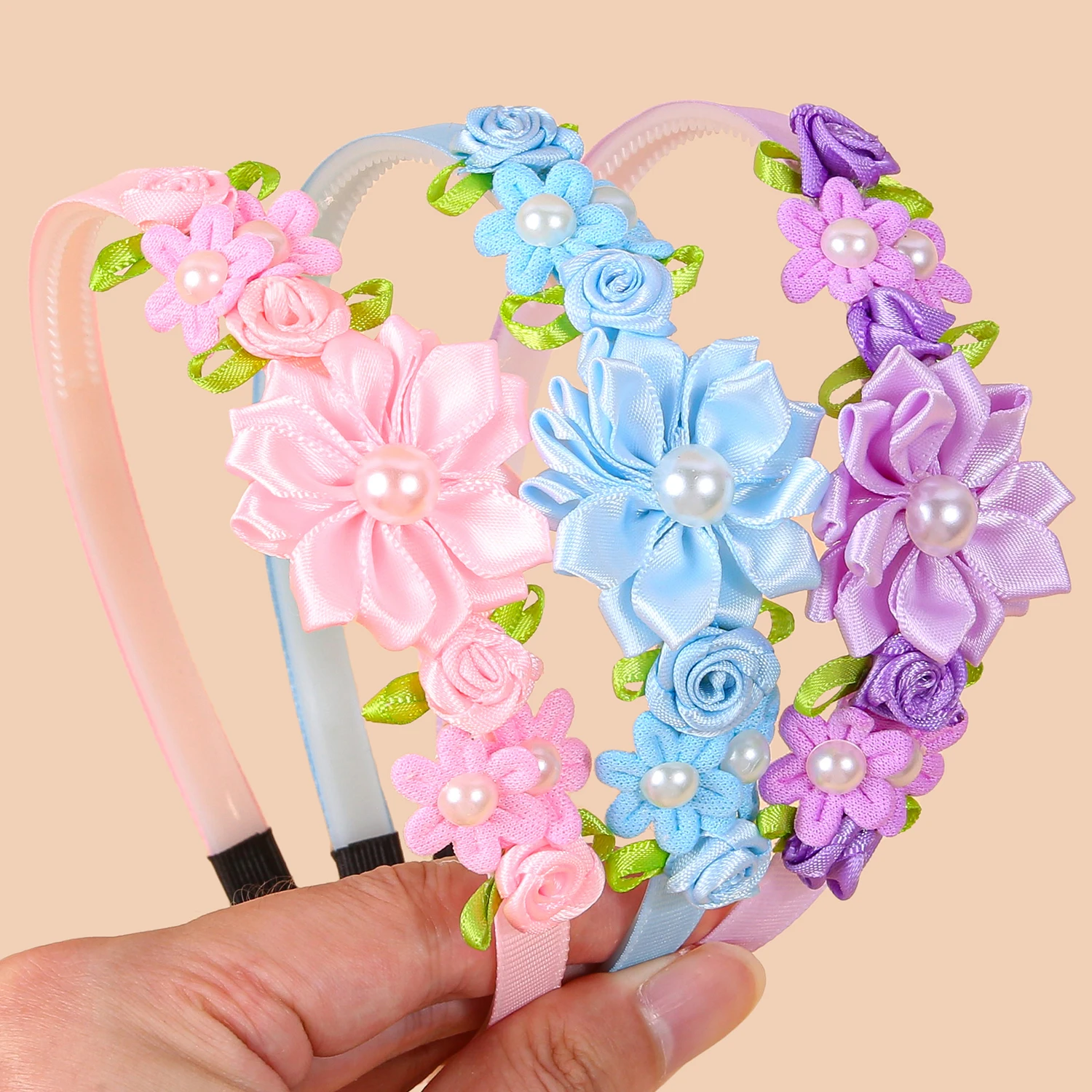 3pcs Cute Pearl Flower Headband Fabric Rose Flower Hairbands Kids Children Floral Plastic Hairbands Party Hair Accessories