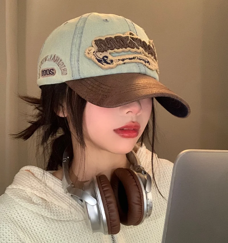 New Casual Splicing Retro Baseball Caps Cotton Denim Tattered Jeans Sun Hat Sunscreen Hat Sun Cap Peaked Cap Girl