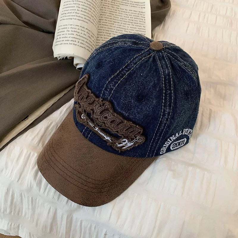 New Casual Splicing Retro Baseball Caps Cotton Denim Tattered Jeans Sun Hat Sunscreen Hat Sun Cap Peaked Cap Girl